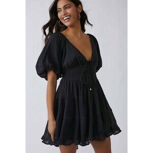 Free People Perfect Day Mini Dress Smocked Puff Sleeve Cotton Black S New 285275